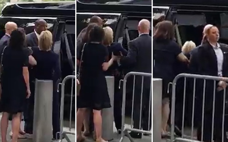 Hillary can clearly be seen collapsing before being placed in the van at the 9/11 ceremony. Her head shaking and foot dragging point to a possible seizure. Is this linked to her brain clot in 2012?